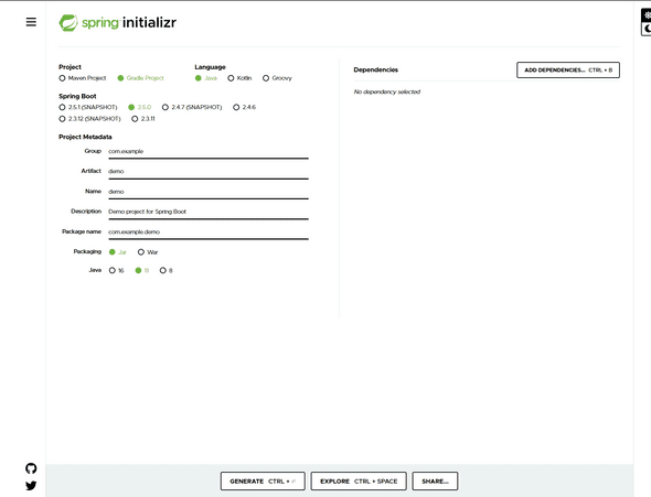 start.spring.io 홈페이지